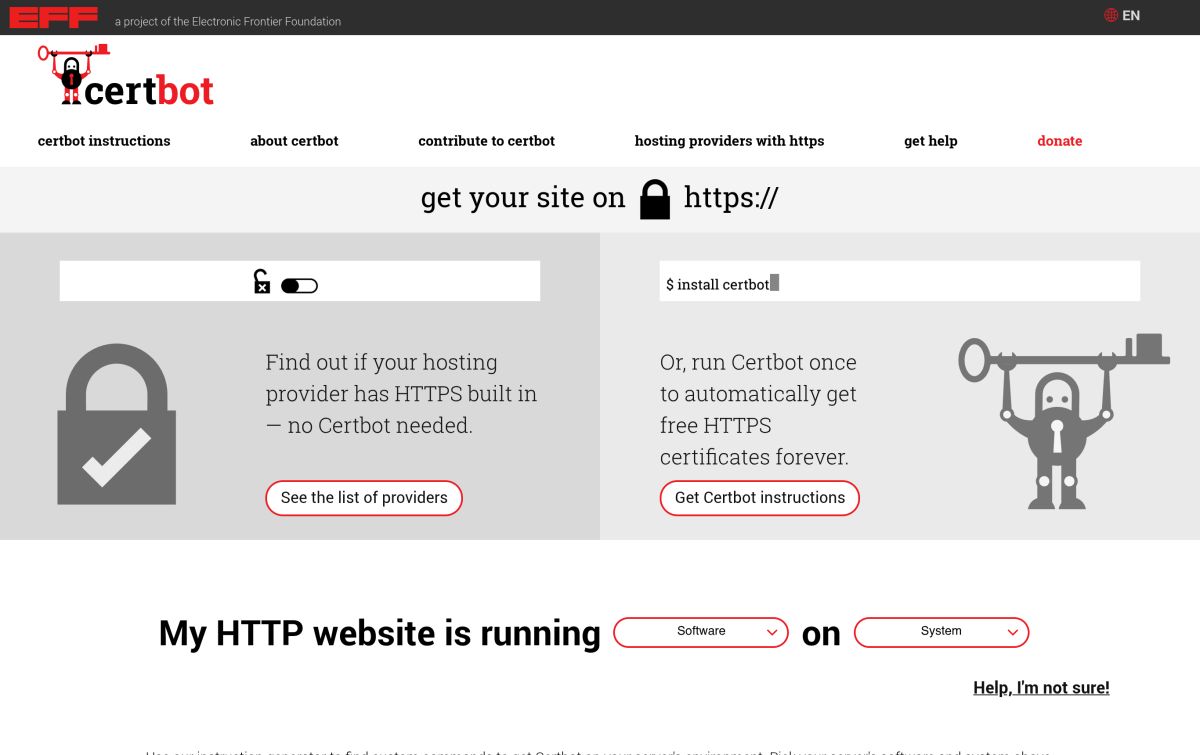 Certbot resmi web sitesinden görünüm