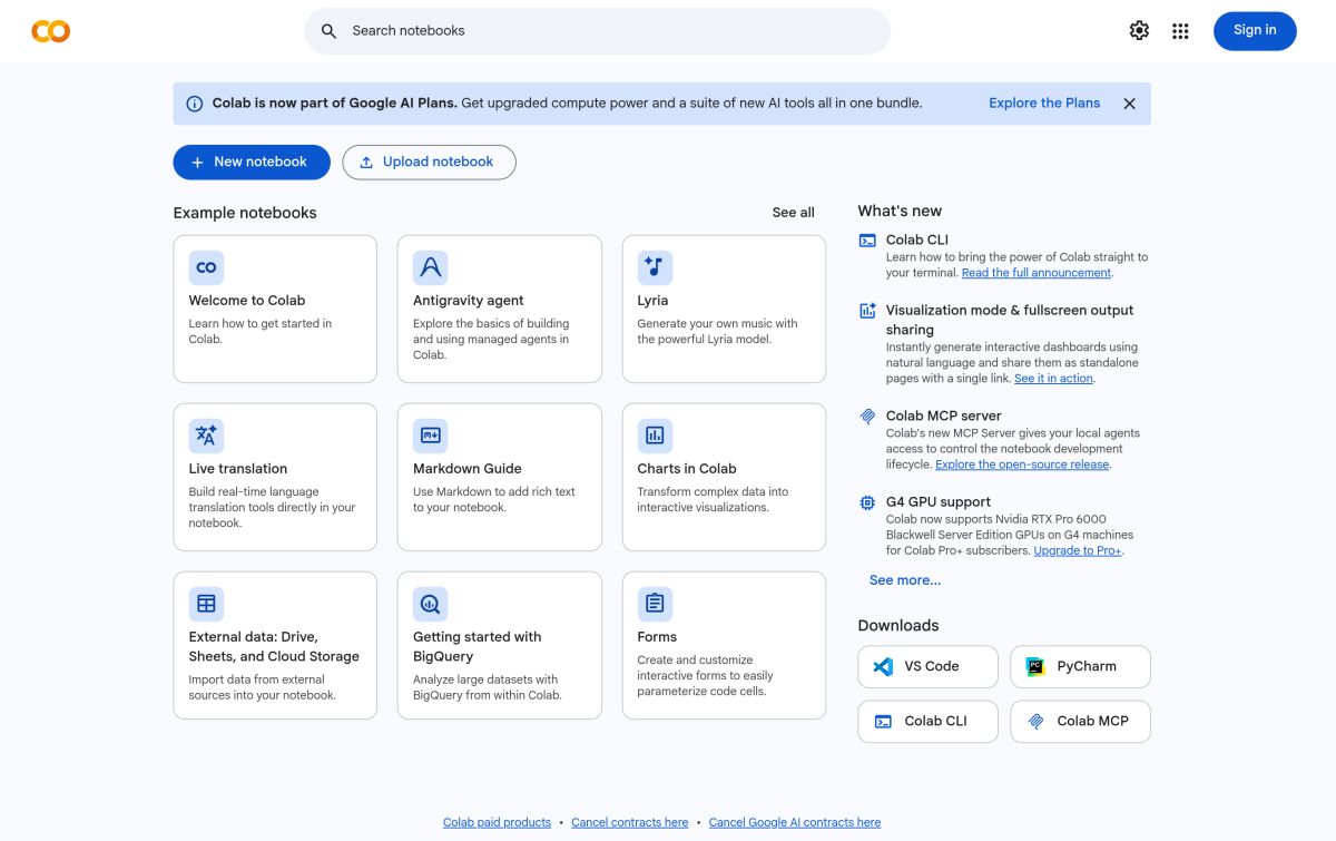 Google Colab resmi web sitesinden görünüm