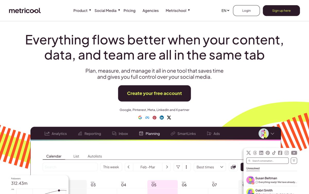 Metricool resmi web sitesinden görünüm