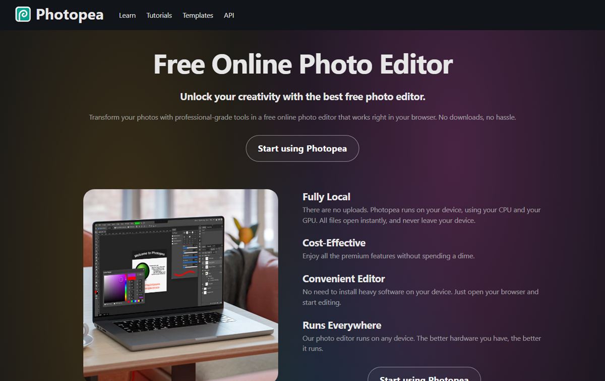 Photopea resmi web sitesinden görünüm