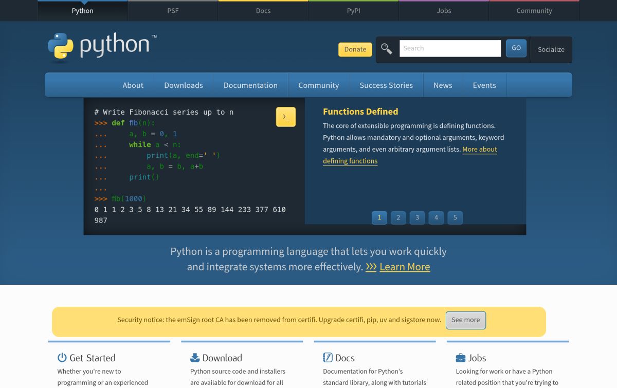Python resmi web sitesinden görünüm