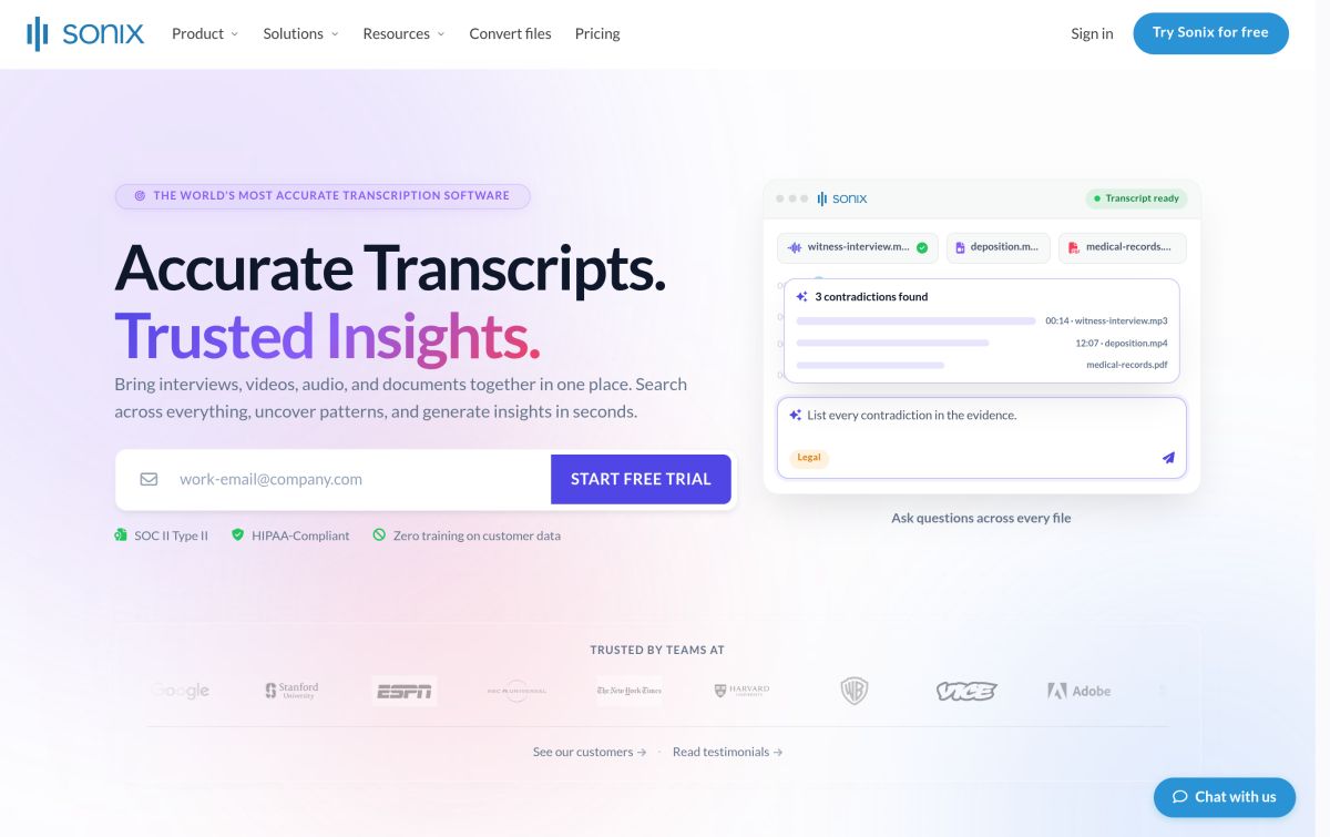 Sonix resmi web sitesinden görünüm