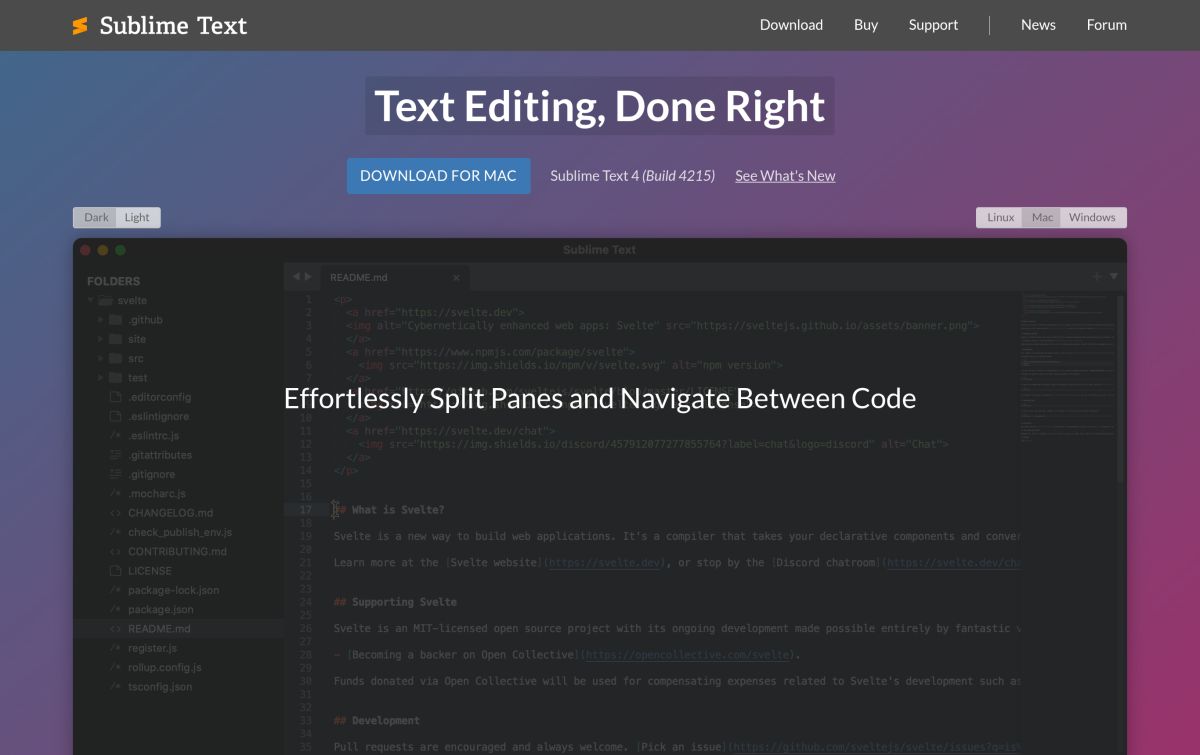 Sublime Text resmi web sitesinden görünüm