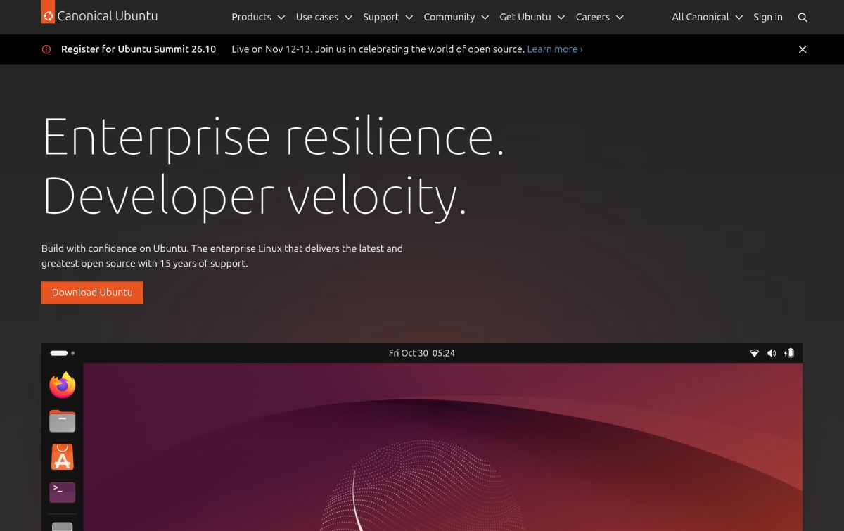 Ubuntu resmi web sitesinden görünüm