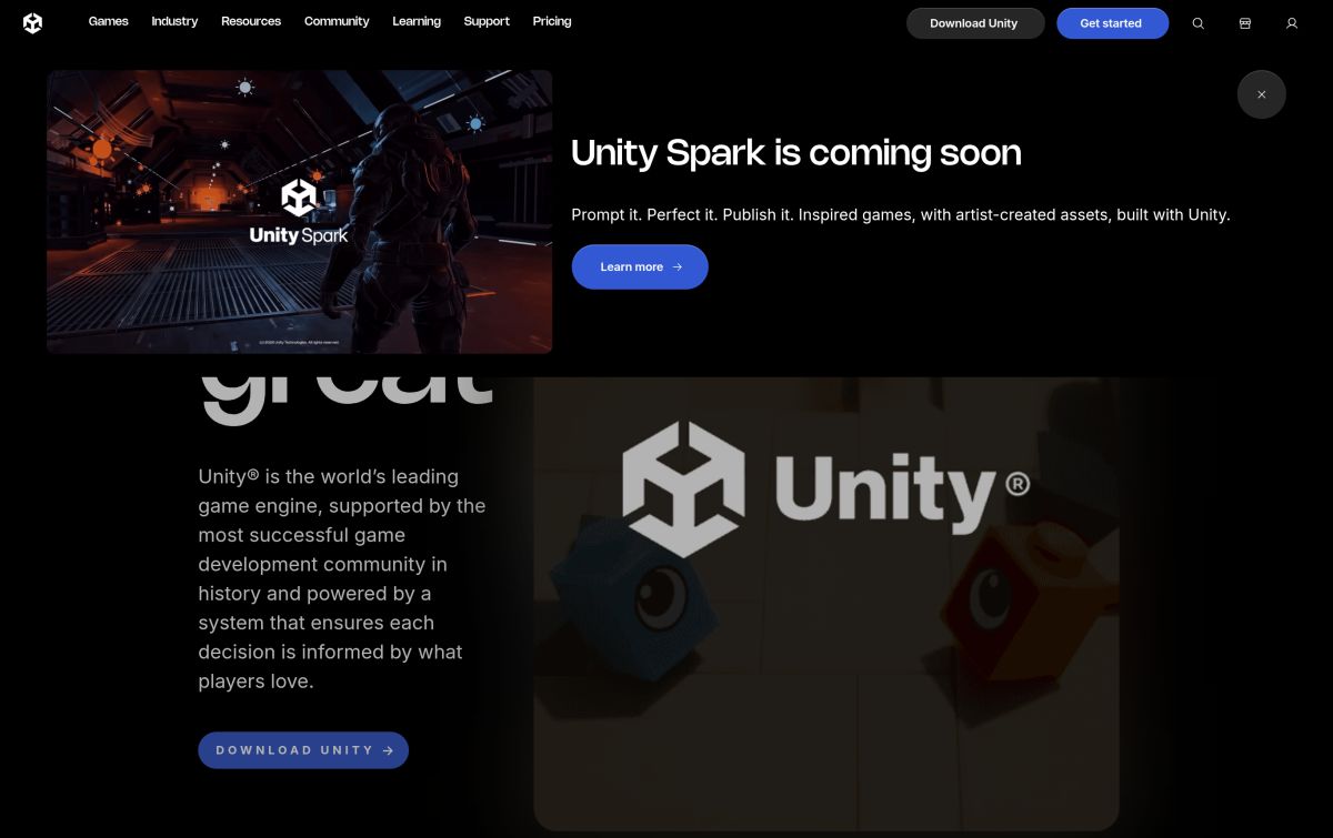 Unity resmi web sitesinden görünüm