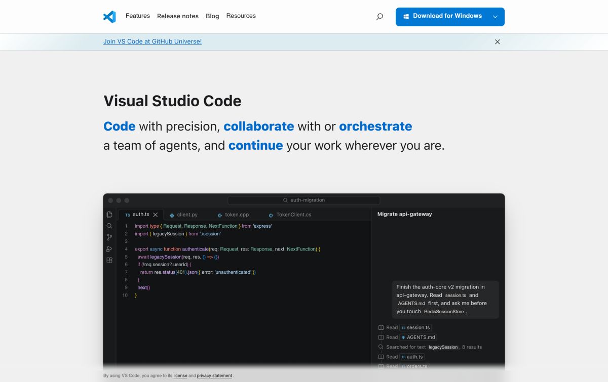 Visual Studio Code resmi web sitesinden görünüm